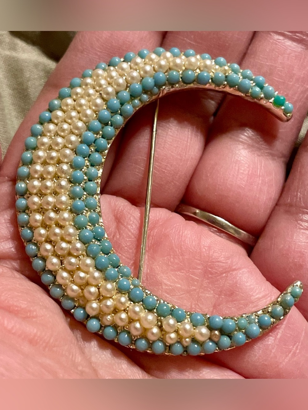 Crescent Pearl & Aqua Bead Brooch - Gold Tone Women's Jewelry